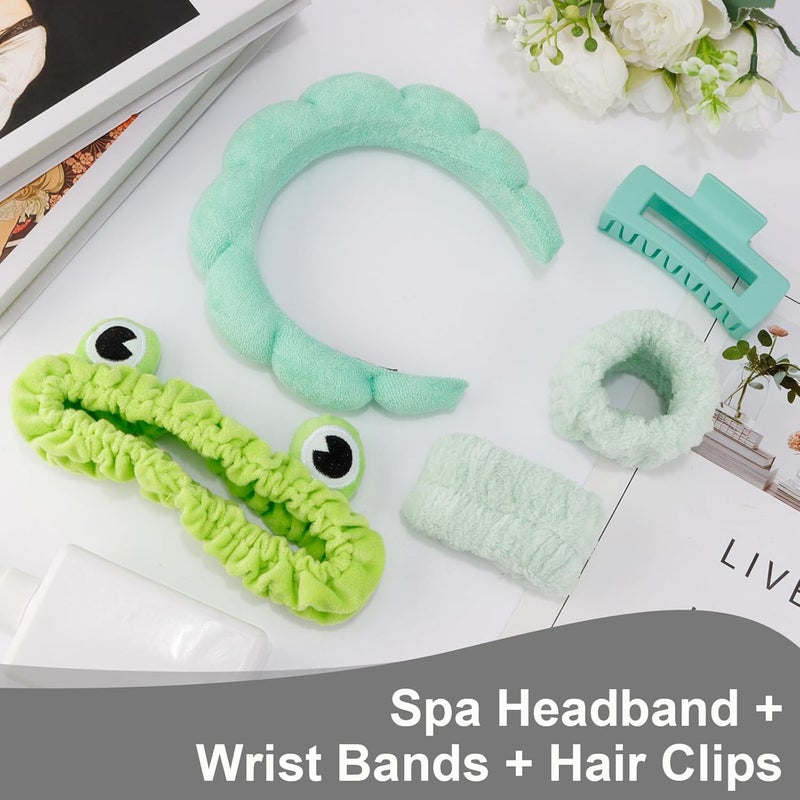 Canitor Spa Headband Wrist Bands with Hair Clips Green Frog Makeup Skincare for Washing Face Skin Care Preppy Teen Girl Gifts Cute Trendy Stuff Hair Accessories for Women - Image 5
